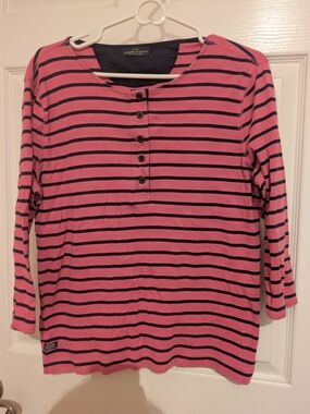 Polo by Ralph Lauren Pink and Navy Striped Henley Top
